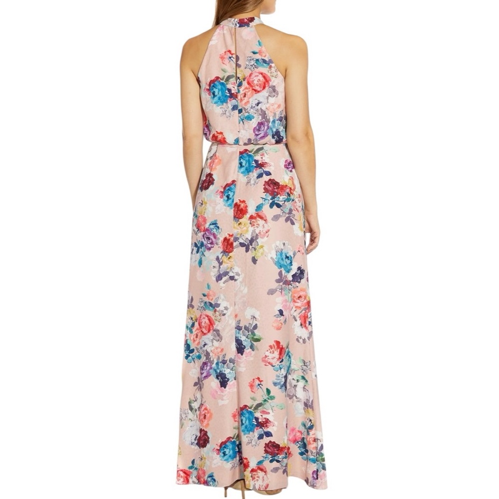 Adrianna Papell Dress Size 16 Blush Pink Floral Print Satin Jacquard Halter Gown - Picture 4 of 16